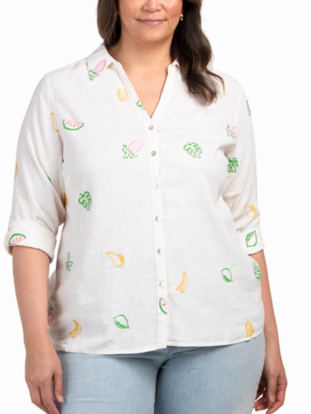 C&C California White Linen Shirt with Green Embroidery